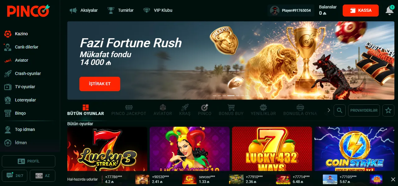 Pinco giriş sonrası hansı oyunlara çıxış əldə olunur?